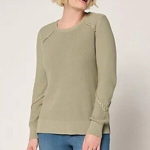 Kim Gravel Medium Dried Sage Shaker Seed Stitch Braided Trim Sweater A695706